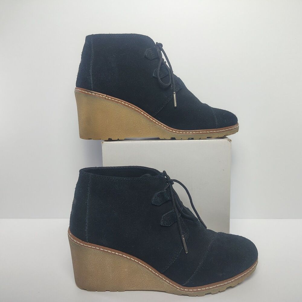 TOMS Black Suede Desert Wedge Booties Lace Up Ankle Boots Womens 9